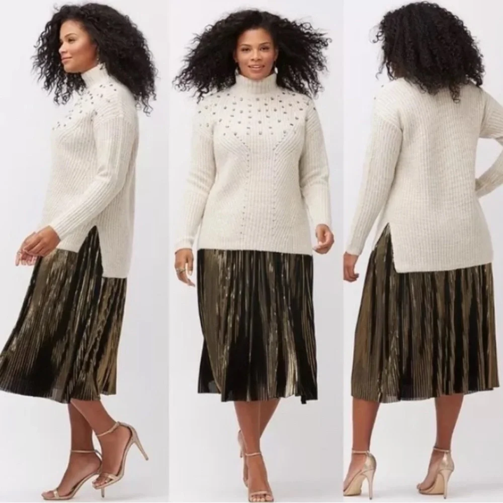 Lane Bryant Plus 22/24 Ivory Bejeweled Mock Neck Sweater Pullover Knit Holiday